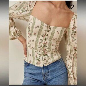 Reformation Cera Long Puff Sleeve Square Neckline Floral Print Peasant Blouse